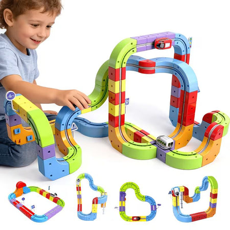 Enfant jouant avec le circuit magnétique MagniTrack et différentes constructions possibles - Cocon d'Ange