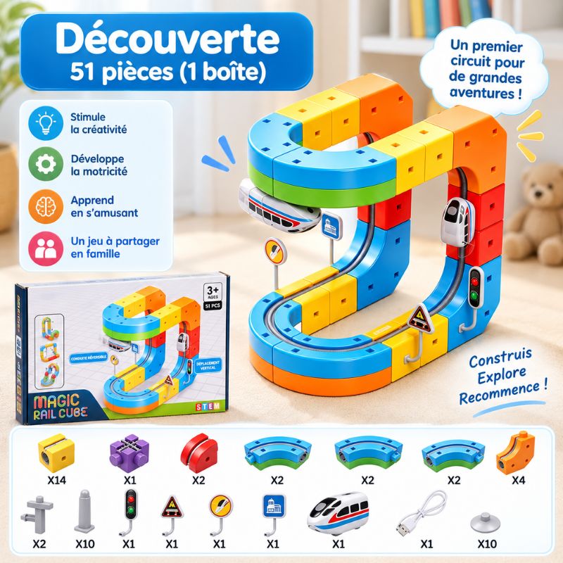 MagniTrack Découverte 51 pièces, circuit à construire avec blocs colorés et voiture - Cocon d'Ange