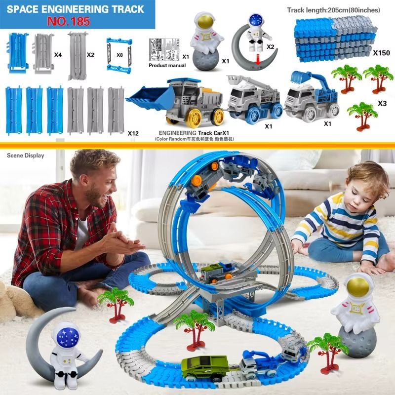 Circuit voiture enfant MegaLoop 185 pièces avec double looping, véhicules de chantier et astronautes - Cocon d'Ange