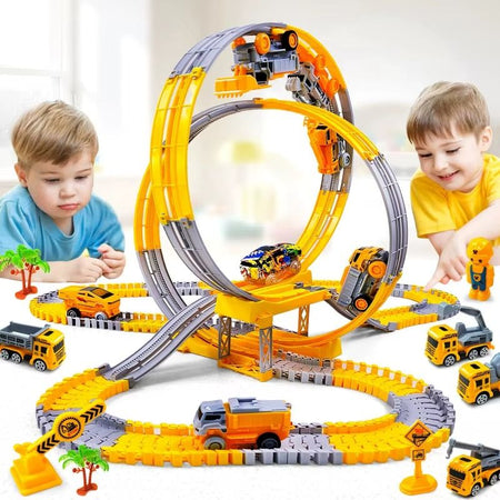 Circuit voiture enfant MegaLoop jaune et gris avec triple looping et véhicules de chantier - Cocon d'Ange