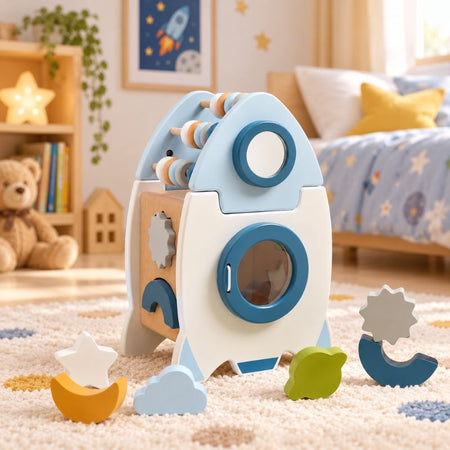 Fusée d’éveil en bois RocketWiz avec pièces de formes colorées dans une chambre d’enfant - Cocon d'Ange