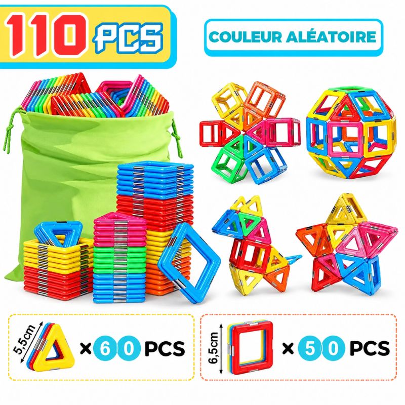 Kit MagniMax de 110 pièces magnétiques colorées avec 60 triangles et 50 carrés - Cocon d'Ange