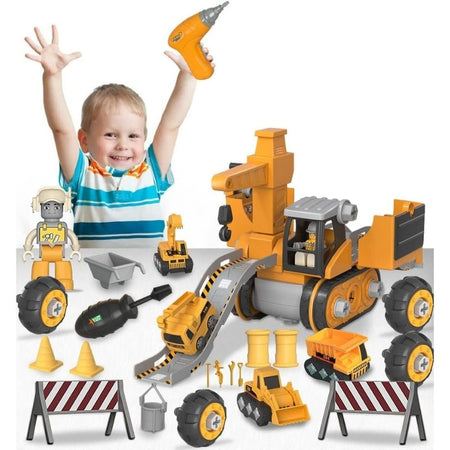 Un enfant heureux joue avec un grand set de Véhicules de Chantier pour Enfant comprenant des engins, accessoires et visseuse – Cocon d'Ange