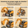 Montage illustré des 4 transformations possibles d’un Véhicule de Chantier pour Enfant : pelleteuse, grue, foreuse et grappin – Cocon d'Ange