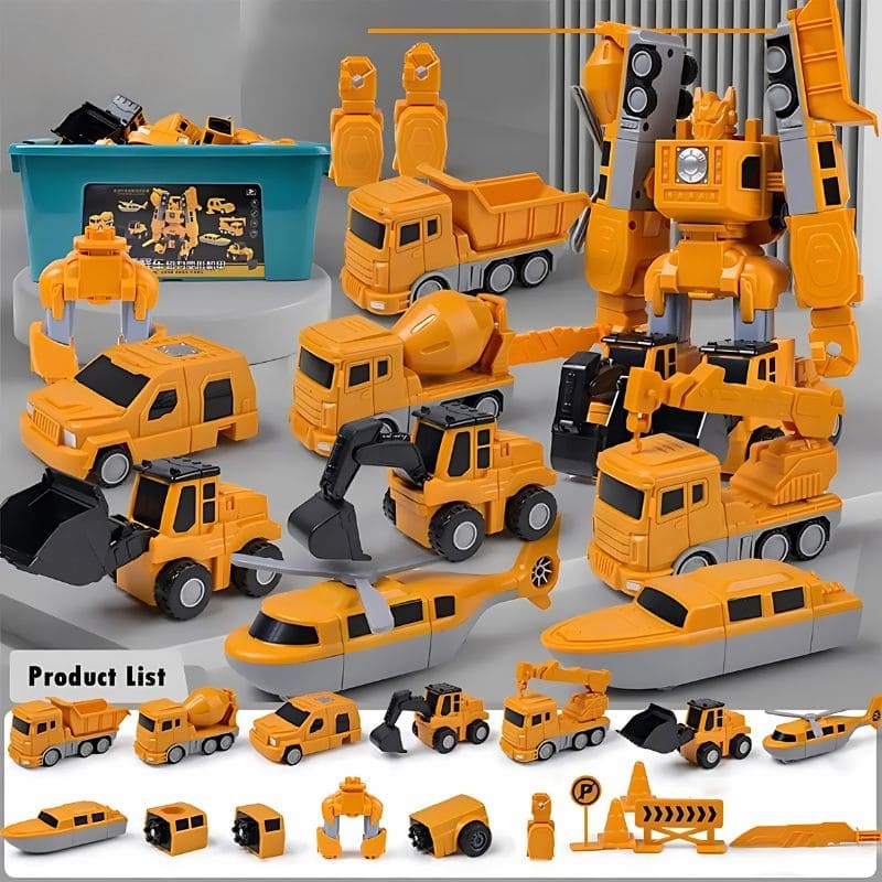 Contenu complet du coffret Transformo 35 pièces : camions, pelleteuse, bateau, hélicoptère, robot et panneaux de chantier - Cocon d'Ange