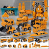 Contenu complet du coffret Transformo 35 pièces : camions, pelleteuse, bateau, hélicoptère, robot et panneaux de chantier - Cocon d'Ange