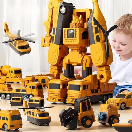 Enfant assemblant le grand robot Transformo à partir des véhicules de chantier - Cocon d'Ange