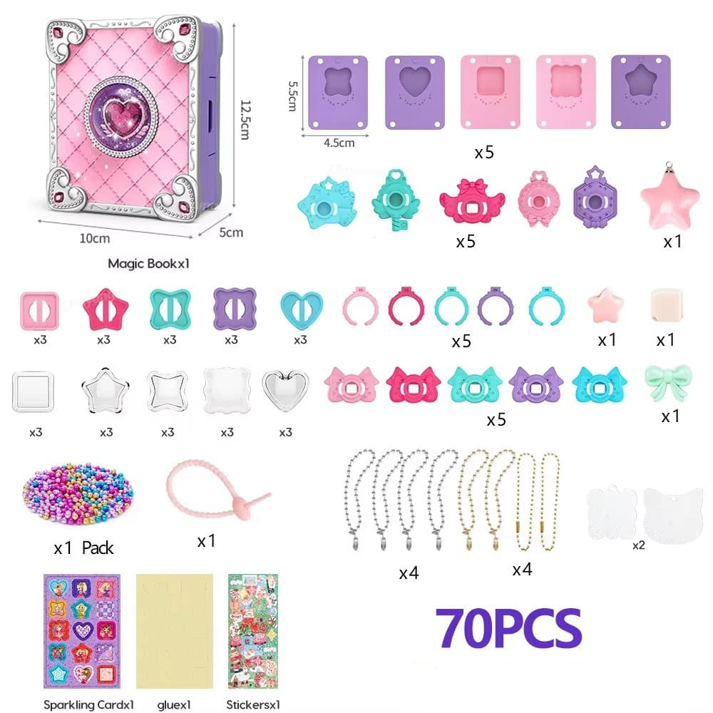 Contenu du kit CharmCraft 70 pièces : coffret, moules, breloques, perles, chaînes et stickers - Cocon d'Ange