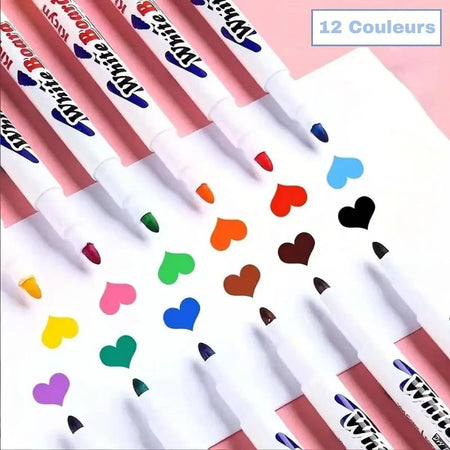 Les 12 couleurs de feutres MagicPaint et leurs tracés en forme de cœurs - Cocon d'Ange