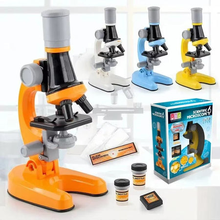 Microscope scientifique pour enfant orange présenté avec la gamme de coloris, la boîte et les accessoires - Cocon d'Ange