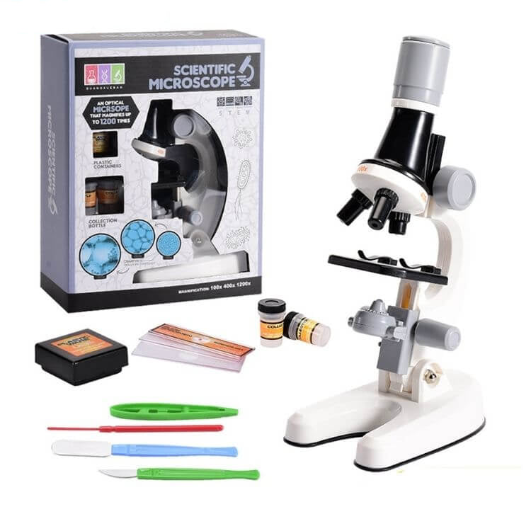 Kit microscope scientifique blanc avec sa boîte, ses flacons, lames et outils - Cocon d'Ange