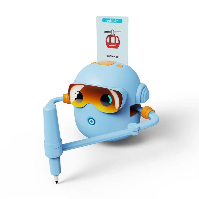 Robot dessinateur EducaBot bleu avec son bras mécanique et une carte modèle véhicule - Cocon d'Ange